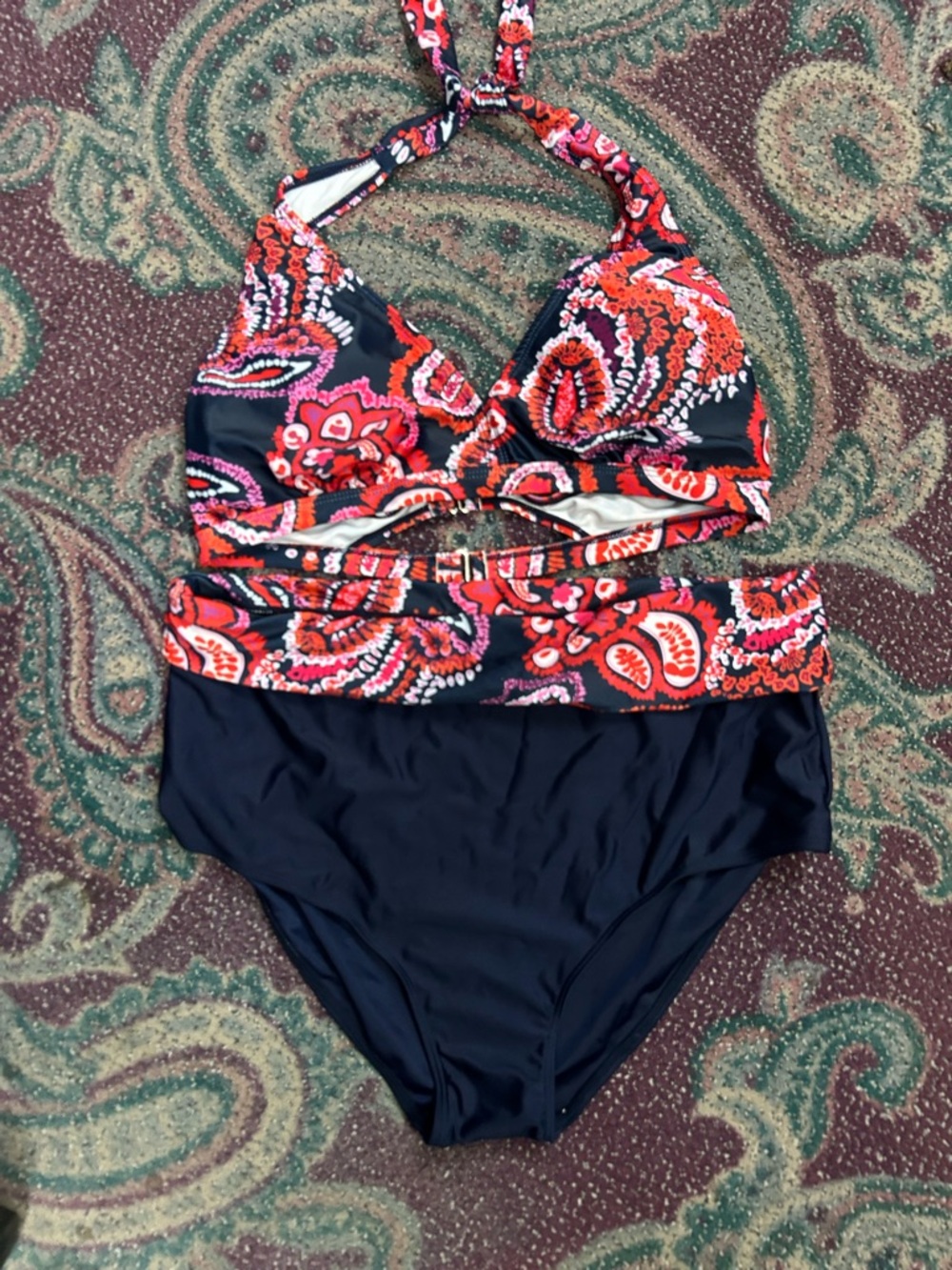 SHEIN Black & Red Paisley High-Waist Bikini